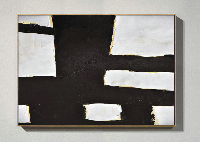Modern Art Abstract Painting,Horizontal Palette Knife Minimal Canvas Art Painting Black White Beige - Large Living Room Decor